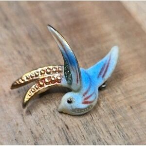 Vintage Blue Gold Enamel Swallow Bird Brooch Pin Flying Mid Century Retro